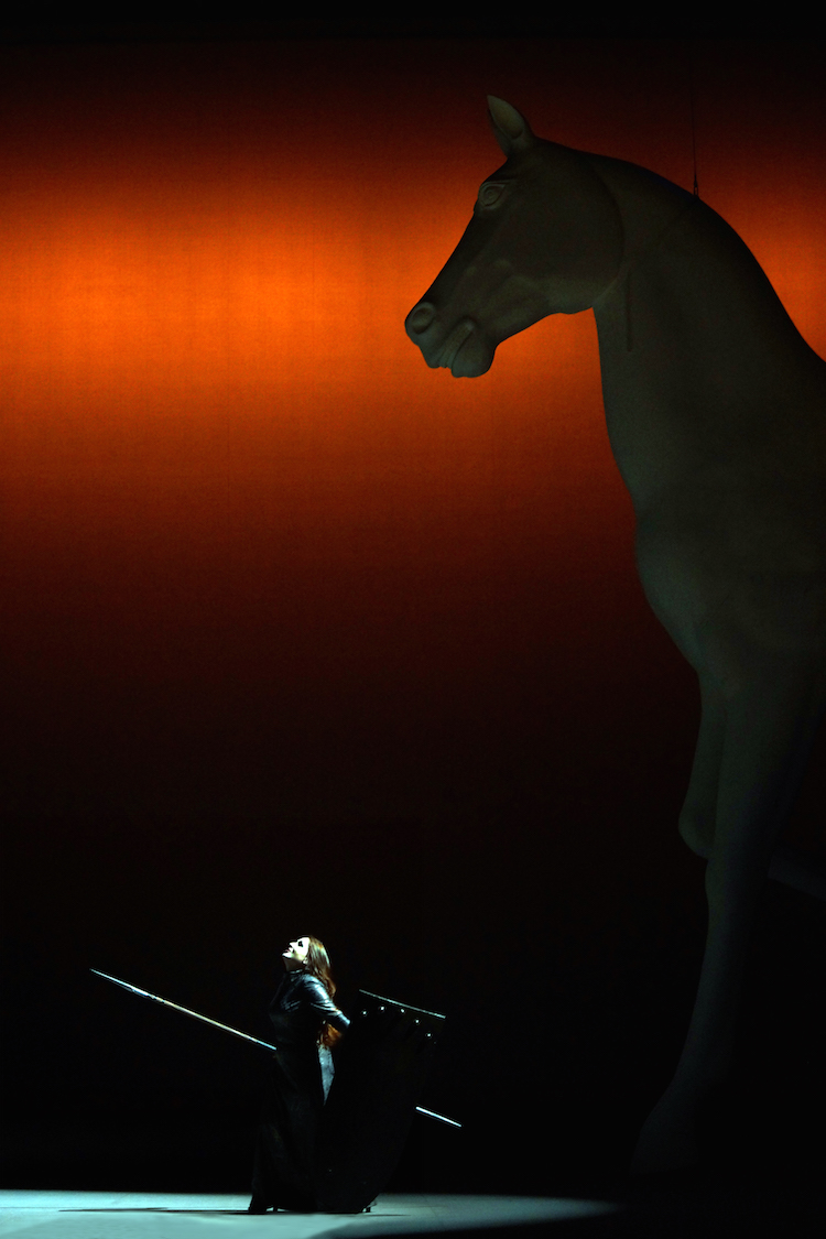Brünnhilde (Elena Nebera) am Ende. Schöner Regie-Gag: Das Riesenross Grane, das nicht ins Feuer reitet, sondern wegfliegt. (Foto: Karl Forster, Landestheater)