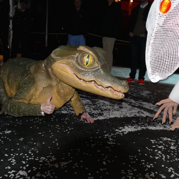 Keine Angst vor großen Tieren: Das Baby-Krokodil aus Siegfried mit der Mama-Ratte aus Lohengrin. © R. Ehm-Klier/festspieleblog.de